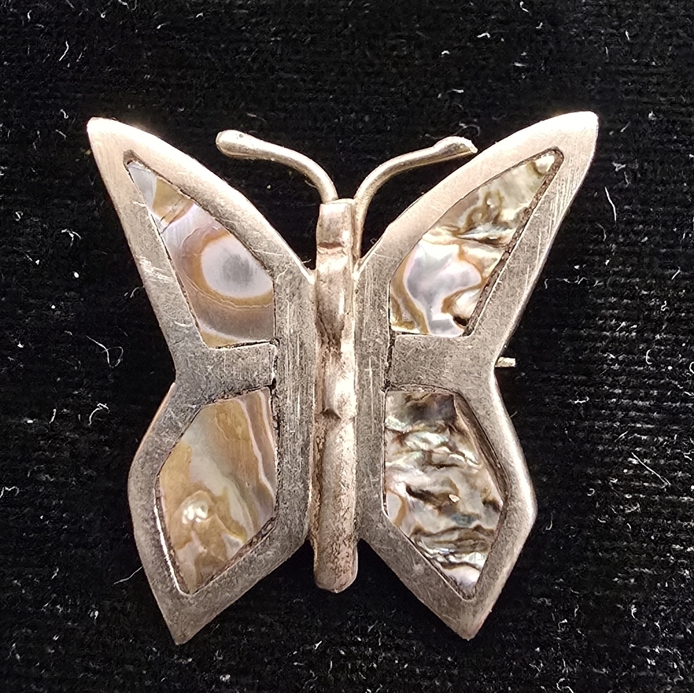 Sterling Abalone Butterfly Pin Brooch Silver 925 Mexico Guad Vtg 1"